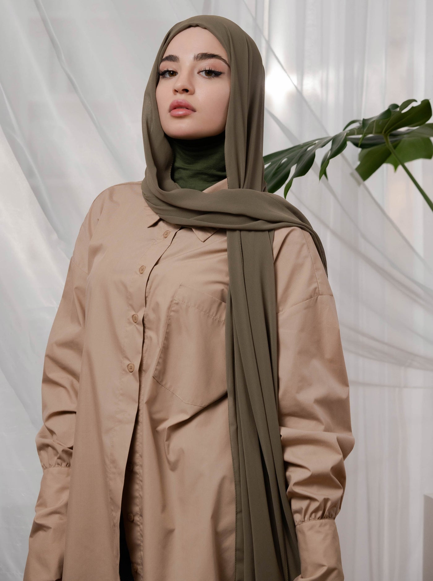 Instant Chiffon Hijab with full-coverage underscarf - khaki