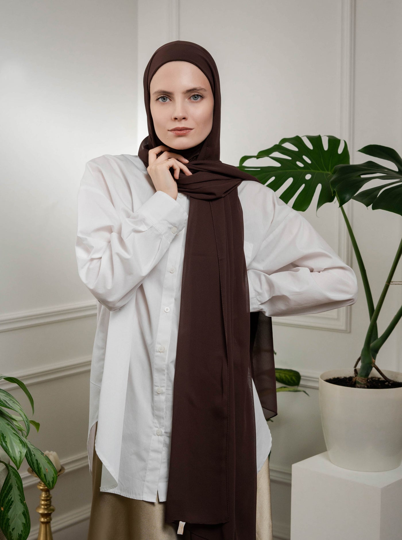 Instant Chiffon Hijab with full-coverage underscarf - darkbrown