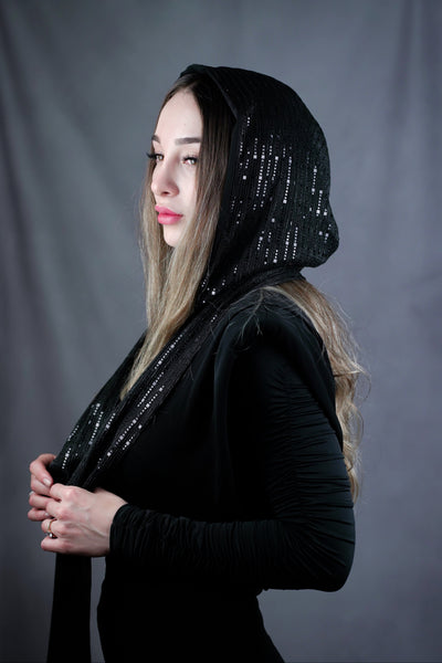 Sparkling Headscarf with long strings - black