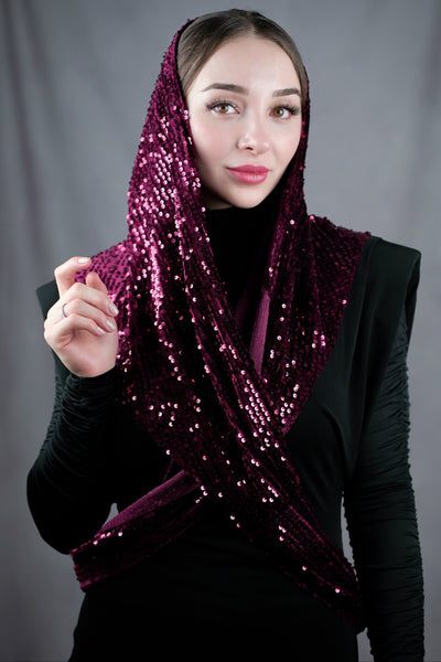 Long sparkling headscarf with paettes - bordeaux
