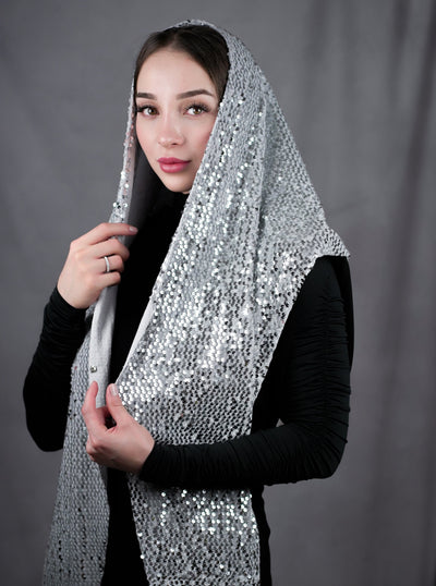 Long sparkling headscarf with paettes - silver