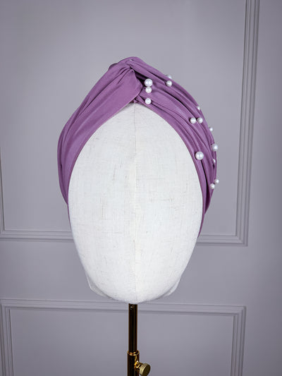 Multifunctional headwrap with white pearls - lilac