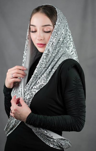 Langes funkelndes Kopftuch mit Paetten - Silber
