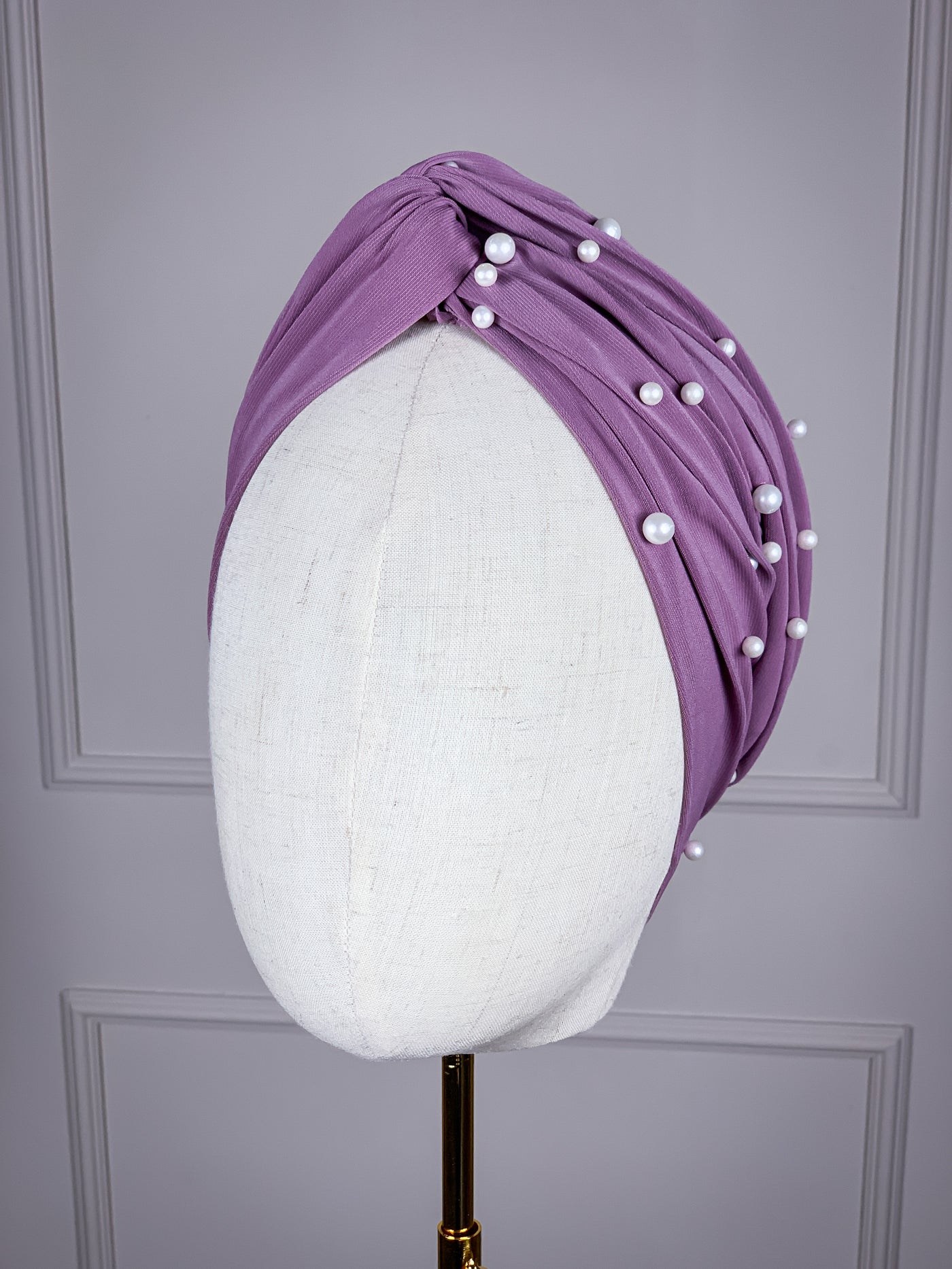 Turban pratique en jersey avec perles blanches - lilas